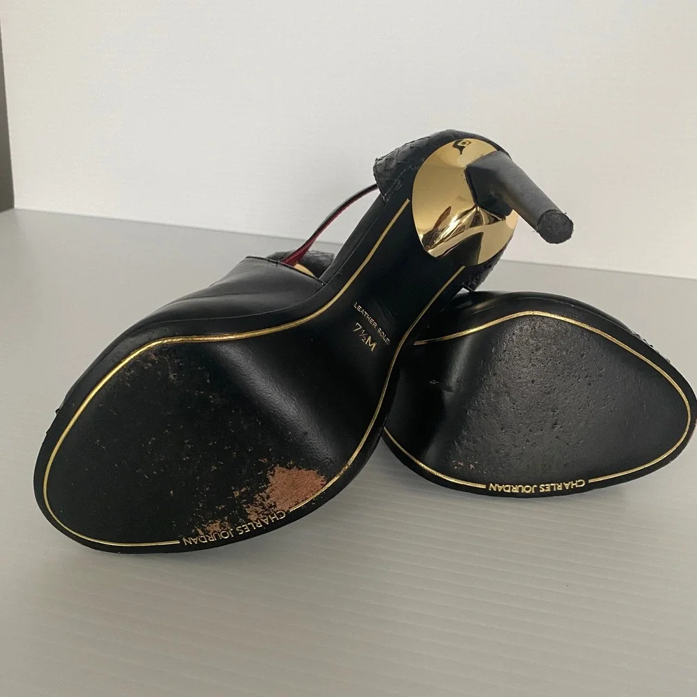 Charles‎ Jourdan Paris Beth Black Snakeskin Stiletto Peep Toe Heels Sandals 7.5